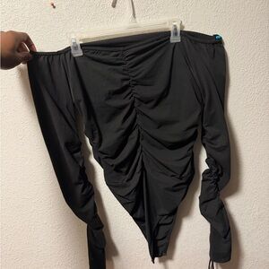 Black Off-Shoulder Ruched Bodysuit